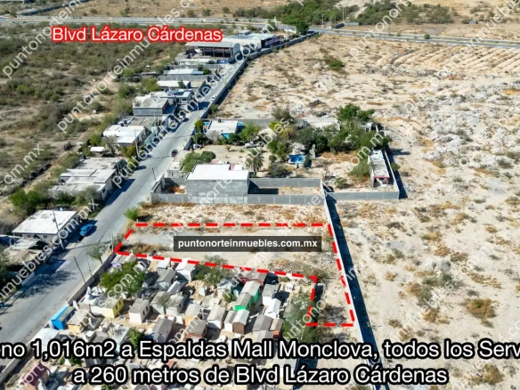 En Venta Terreno Urbano 1,016m2 a espaldas mall Monclova a 260 metros del Blvd. Lázaro Cárdenas, todos los servicios