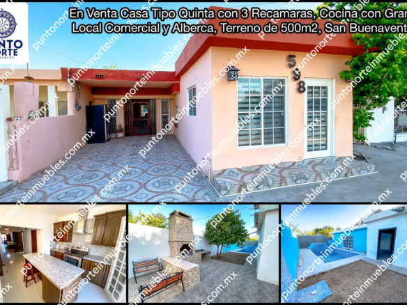 Venta Casa Tipo Quinta con 3 Recamaras, Cocina con Granito, Local Comercial y Alberca, Terreno de 500m2, San Buena
